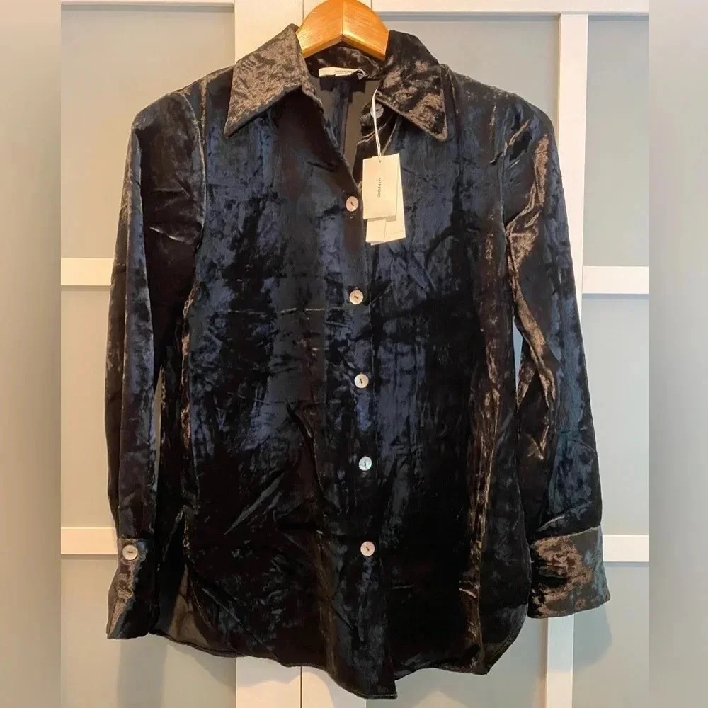 Vince Luxurious Crushed Velvet Button Down Black Blouse Viscose Women's XXS NWT